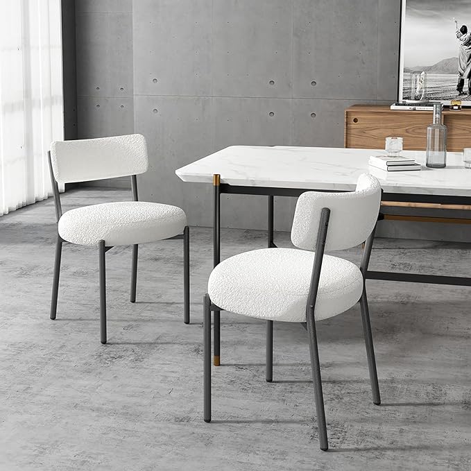 Boucle Dining Chairs Set of 2, Mid Century Dining Chairs with Metal Legs, Round Upholstered Sherpa Kitchen Dining Room Chairs Curved Backrest for Dining Room, Living Room, Kitchen,Black and White - LeafyLoom