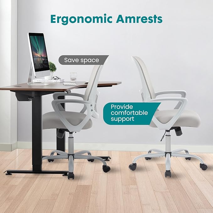 SMUG Office Computer Desk Chair, Ergonomic Mid-Back Mesh Rolling Work Swivel Task Chairs with Wheels, Comfortable Lumbar Support, Comfy Arms for Home, Bedroom, Study, Dorm, Student, Adults, Grey - LeafyLoom