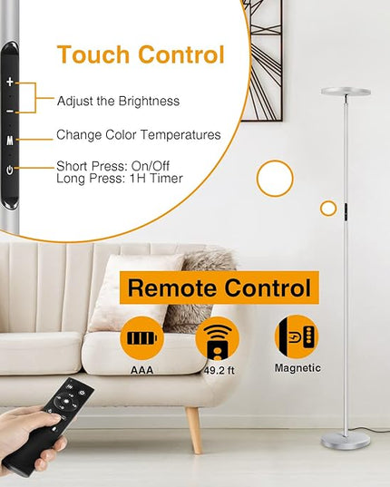 OUTON Floor Lamp, 30W/3000LM LED Modern Torchiere Sky Lamp, Super Bright Dimmable Standing Tall Lamp with 4 Color Temperatures, Remote Touch Control, Timer for Living Room Bedroom Office, Silver Grey - LeafyLoom