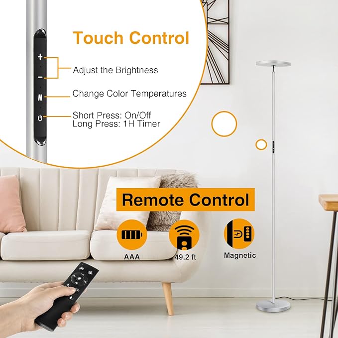 OUTON Floor Lamp, 30W/3000LM LED Modern Torchiere Sky Lamp, Super Bright Dimmable Standing Tall Lamp with 4 Color Temperatures, Remote Touch Control, Timer for Living Room Bedroom Office, Silver Grey - LeafyLoom