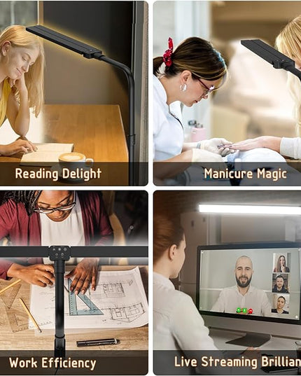 LED Desk Lamp for Home Office- 24W Double Head Desk Light with clamp, 5 Lighting Modes, 11 Brightness Levels, Adjustable Gooseneck Lamp with Timer- Black - LeafyLoom