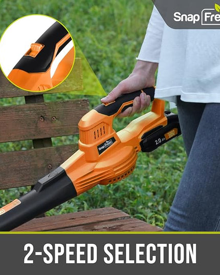SnapFresh Cordless Leaf Blower - 20V Electric Leaf Blower with 2.0 Ah Battery and Charger - Lightweight 2-Speed Leaf Blower for Lawn Care and Yard/Garden/Patio Cleaning (Orange) - LeafyLoom
