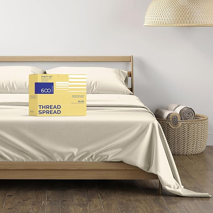 THREAD SPREAD 100% Egyptian Cotton Split King Sheets Sets for Adjustable Bed - 600 Thread Count 5 PC Top Split King Sheets, 16" Deep Pocket Soft Cooling Sheets for Split King Adjustable Bed - Ivory - LeafyLoom