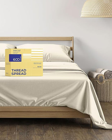 THREAD SPREAD 100% Egyptian Cotton Sheets California King Size - 600 Thread Count 4 PC Luxury Sheets Cal King Size, Soft, Cooling Hotel Luxury Bed Sheets & Pillowcases, Fits Mattress upto 18" - Ivory - LeafyLoom