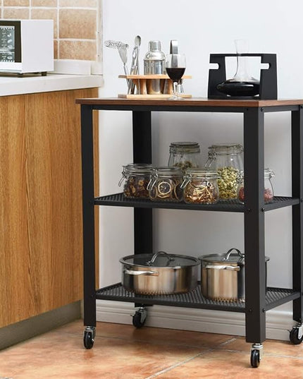 Kitchen Cart, Industrial Microwave Cart, 3-Tier Rolling Utility Cart on Wheels with Metal Frame Wooden Table and Two Grid Storage Shelves for Kitchen and Living Room, Bedroom (Brown) - LeafyLoom