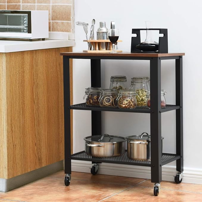 Kitchen Cart, Industrial Microwave Cart, 3-Tier Rolling Utility Cart on Wheels with Metal Frame Wooden Table and Two Grid Storage Shelves for Kitchen and Living Room, Bedroom (Brown) - LeafyLoom