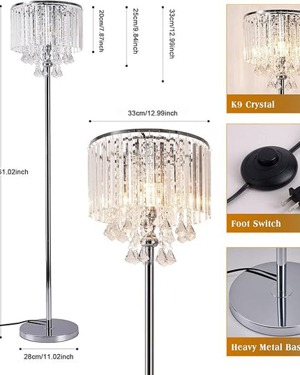 Modern Elegance Crystal Floor Lamp, On/Off Foot Switch, Crystal & Glass 3-Lights Standing Light, Reading Corner Lamp for Office Cafe, Den, Living Room Bedroom Chrome Finish - LeafyLoom