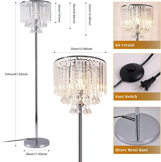 Modern Elegance Crystal Floor Lamp, On/Off Foot Switch, Crystal & Glass 3-Lights Standing Light, Reading Corner Lamp for Office Cafe, Den, Living Room Bedroom Chrome Finish - LeafyLoom