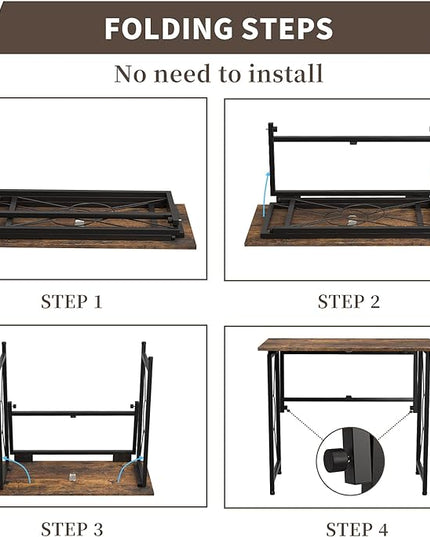 31.5" Computer Desk for Small Place, Foldable Desk Home Office Desk, Black Metal Frame, Modern Industrial Style Study Writing Table, No Assembly Required, Rustic Brown - LeafyLoom