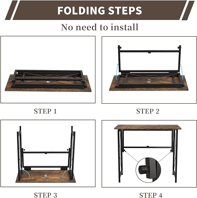 31.5" Computer Desk for Small Place, Foldable Desk Home Office Desk, Black Metal Frame, Modern Industrial Style Study Writing Table, No Assembly Required, Rustic Brown - LeafyLoom