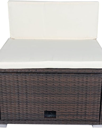 11 Pieces Outdoor Furniture Sofa, 10 Seater Patio Sectional Set with 3 Storage Box Under Seat Brown Wicker + White Cushion for Garden, Balcony, Poolside, Backyard, Zk-Beige - LeafyLoom