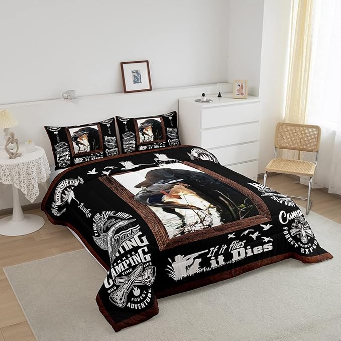 Feelyou Duck Hunting Comforter Hunting and Fishing Bedding Set for Kids Boys Girls Dog Hunter Comforter Set Wild Animal Inner Fill Duvet Set 1 Comforter Set with 2 Pillowcases Full Size - LeafyLoom