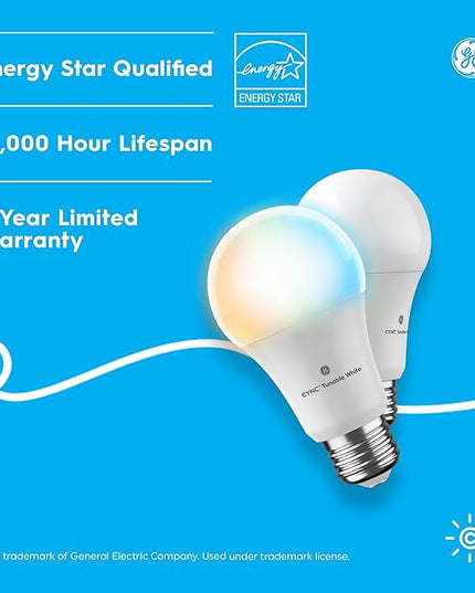 GE CYNC Smart LED Light Bulbs, Tunable White, Bluetooth and Wi-Fi, Works with Alexa and Google, A19 (2 Pack) CYNCSmartHome