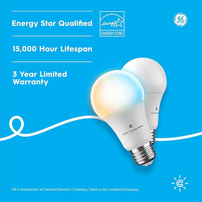 GE CYNC Smart LED Light Bulbs, Tunable White, Bluetooth and Wi-Fi, Works with Alexa and Google, A19 (2 Pack) CYNCSmartHome