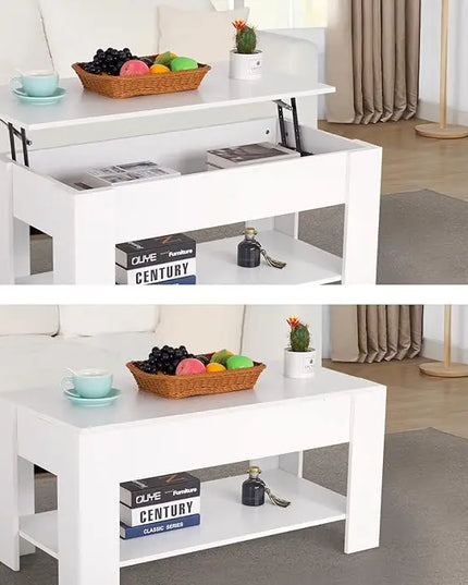 FDW Lift Top Coffee Table with Hidden Compartment and Storage Shelf Wooden Lift Tabletop for Home Living Room Reception Room Office (White) - LeafyLoom