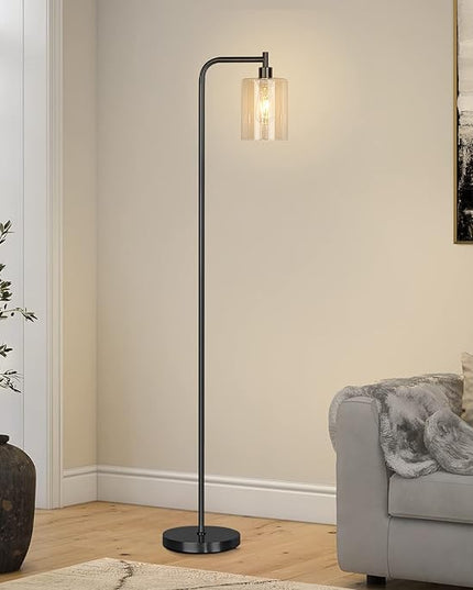 QiMH Industrial Floor Lamp for Living Room, Modern Standing Lamp with HD Glass Lampshade and Pedal Switch, 67” Tall Pole Light for Bedroom Study Room, Black (2700K LED Bulb Included) - LeafyLoom