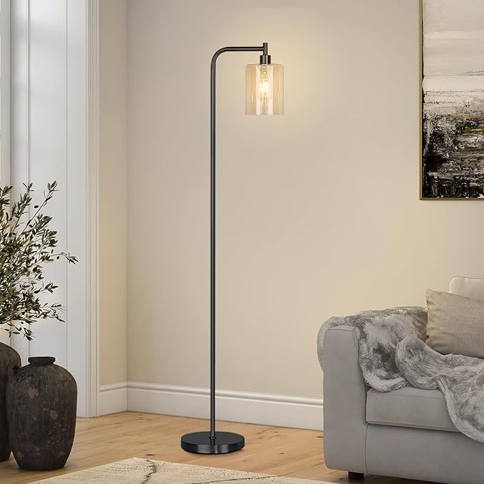QiMH Industrial Floor Lamp for Living Room, Modern Standing Lamp with HD Glass Lampshade and Pedal Switch, 67” Tall Pole Light for Bedroom Study Room, Black (2700K LED Bulb Included) - LeafyLoom