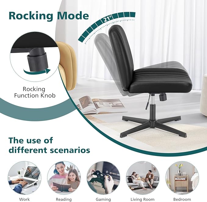 OLIXIS Cross Legged Armless Wide Adjustable Swivel Padded Home Office Desk Chair, Black - LeafyLoom