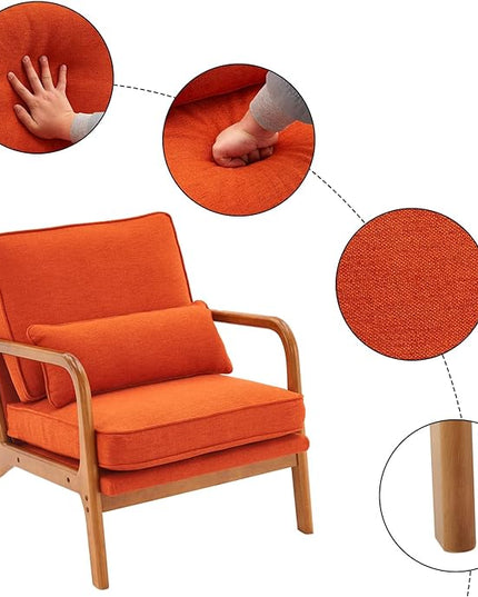 Bonnlo Linen Burnt Orange Mid Century Modern Accent Chair, Soild Wood Padding Lounge Armchairs Side Sitting Chairs for Living Room, Bedroom, Guest Room - LeafyLoom