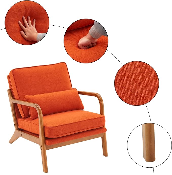 Bonnlo Linen Burnt Orange Mid Century Modern Accent Chair, Soild Wood Padding Lounge Armchairs Side Sitting Chairs for Living Room, Bedroom, Guest Room - LeafyLoom