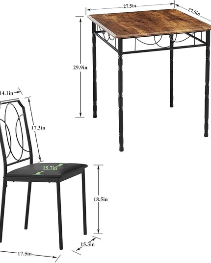 VECELO 3 Pieces Sets,43.3" Table&Chairs for 2,Industrial Counter Height Tabletop with Bar Stools, Rectangle Breakfast Chairs, Living Room, Apartment, Dining Table for 2, Brown - LeafyLoom