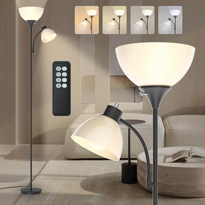 Led Floor Lamp, Super Bright 11W+7W 2100LM Torchiere Floor Lamps for Living Room, Stepless Adjustable 3000K-6000K Temperatures with Remote Control for Bedroom - LeafyLoom