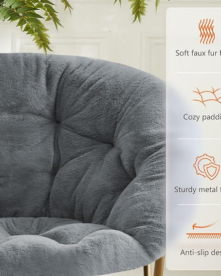 Sweetcrispy Comfy Saucer Chairs, Faux Fur Lounge Chair for Bedroom Living Room Flexible Folding Seat for Kids Teens Adults, Soft Padded and Metal Frame Modern for Home Office, X-Large, Dark Grey - LeafyLoom