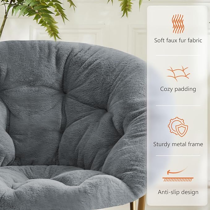 Sweetcrispy Comfy Saucer Chairs, Faux Fur Lounge Chair for Bedroom Living Room Flexible Folding Seat for Kids Teens Adults, Soft Padded and Metal Frame Modern for Home Office, X-Large, Dark Grey - LeafyLoom