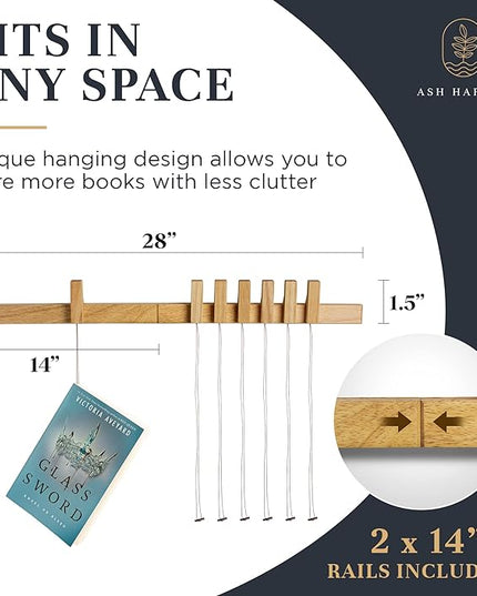 Floating Wall Bookshelf - Wall Mounted Book Organizer with Included Bookmarks - Hardwood Hanging Bookshelf for Bedroom, Living Room, or Kitchen - A Thoughtful Gift for Book Lovers (Natural) - LeafyLoom
