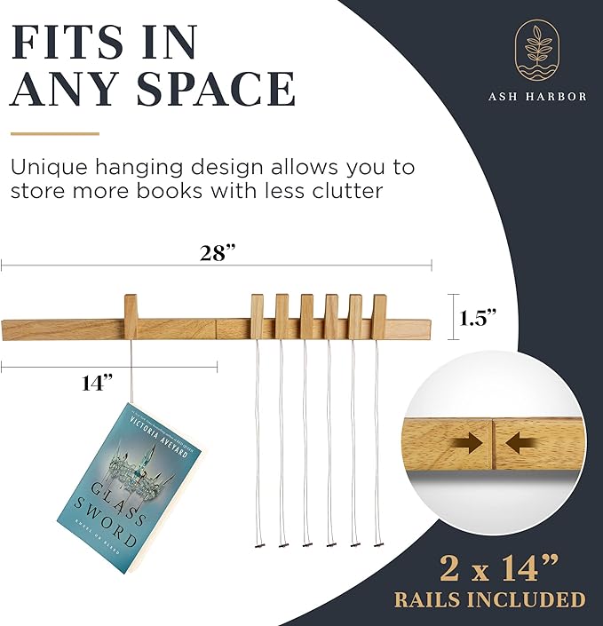 Floating Wall Bookshelf - Wall Mounted Book Organizer with Included Bookmarks - Hardwood Hanging Bookshelf for Bedroom, Living Room, or Kitchen - A Thoughtful Gift for Book Lovers (Natural) - LeafyLoom