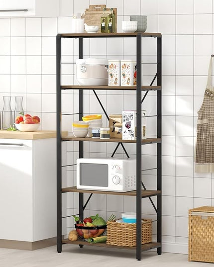 FOLUBAN 5 Tier Tall Bookshelf, Industrial Vintage Book Shelf, Rustic Wood and Metal Bookcase for Home Office Bedroom, Oak - LeafyLoom