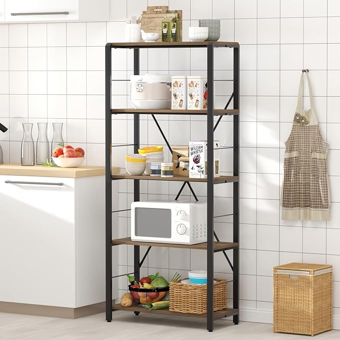 FOLUBAN 5 Tier Tall Bookshelf, Industrial Vintage Book Shelf, Rustic Wood and Metal Bookcase for Home Office Bedroom, Oak - LeafyLoom