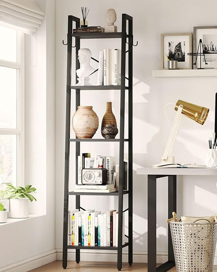 YMYNY 5 Tiers Ladder Bookcase, Industrial Narrow Bookshelf, Open Display Rack with 4 S Hooks, Metal Storage Shelves for Bedroom, Home Office, Living Room, Black, 63H*13.4L*11.8W, UHBC025B - LeafyLoom