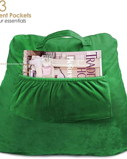 Clara Clark Reading Pillow for Kids, Small Back Pillow for Sitting Up in Bed, Memory Foam Back Support Pillow, Reading Pillows for Sitting in Bed, Green Gaming Pillow for Bed with Arms and Pockets - LeafyLoom