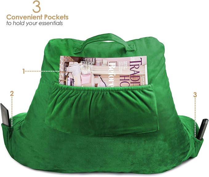 Clara Clark Reading Pillow for Kids, Small Back Pillow for Sitting Up in Bed, Memory Foam Back Support Pillow, Reading Pillows for Sitting in Bed, Green Gaming Pillow for Bed with Arms and Pockets - LeafyLoom