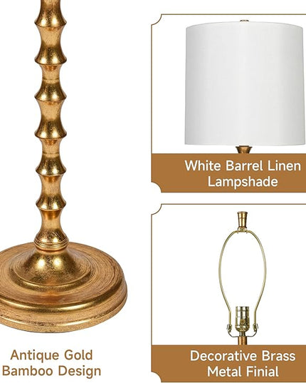 64.5" Gold Floor Lamp for Living Room, Gold Bamboo Floor Lamps for Bedroom, Tall Skinny Lamp for Home Decor, Mid Century Antique Floor Lamps with White Lampshade, Gold Standing Lamp for Corner - LeafyLoom