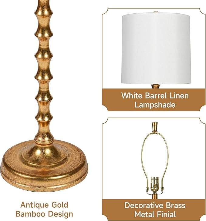 64.5" Gold Floor Lamp for Living Room, Gold Bamboo Floor Lamps for Bedroom, Tall Skinny Lamp for Home Decor, Mid Century Antique Floor Lamps with White Lampshade, Gold Standing Lamp for Corner - LeafyLoom