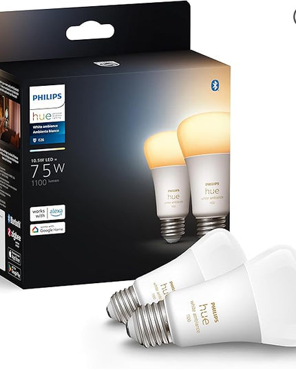 Philips Hue A19 LED Smart Light Bulbs - Flicker-Free 75w Light Bulbs - Control with Hue App - Compatible with Alexa, Google Assistant, and Apple HomeKit - E26 Base - 2 Pack PhilipsHue