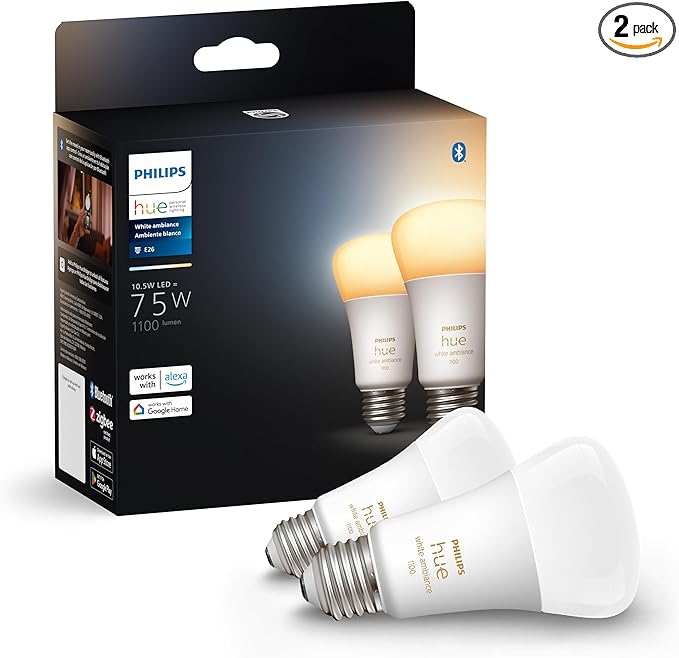 Philips Hue A19 LED Smart Light Bulbs - Flicker-Free 75w Light Bulbs - Control with Hue App - Compatible with Alexa, Google Assistant, and Apple HomeKit - E26 Base - 2 Pack PhilipsHue