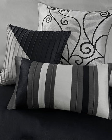 Madison Park Amherst Faux Silk Comforter Set-Casual Contemporary Design All Season Down Alternative Bedding, Matching Shams, Bedskirt, Decorative Pillows, King(104"x92"), Black, 7 Piece (MP10-226) - LeafyLoom