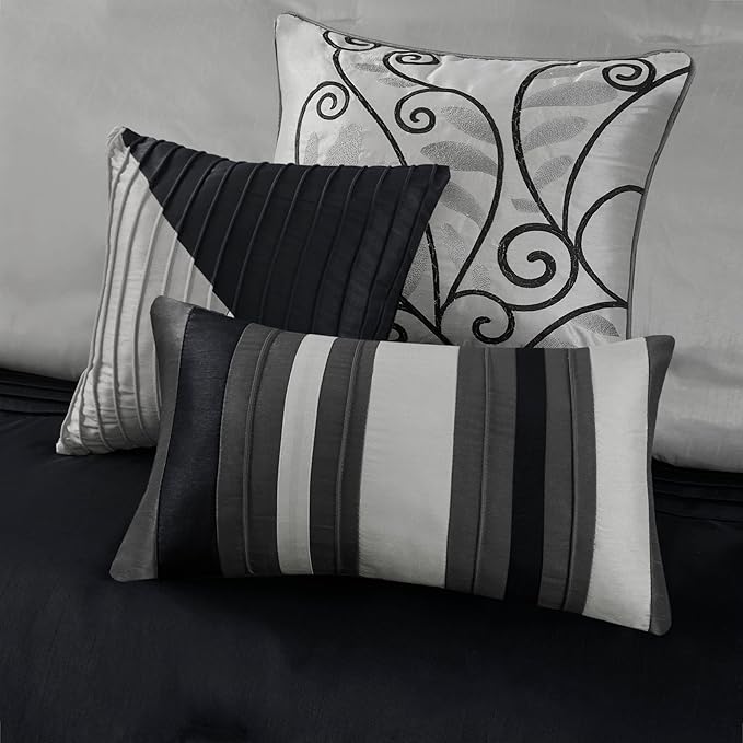Madison Park Amherst Faux Silk Comforter Set-Casual Contemporary Design All Season Down Alternative Bedding, Matching Shams, Bedskirt, Decorative Pillows, King(104"x92"), Black, 7 Piece (MP10-226) - LeafyLoom