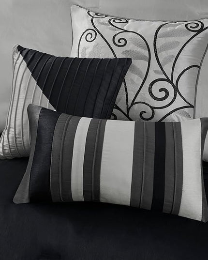 Madison Park Amherst Faux Silk Comforter Set-Casual Contemporary Design All Season Down Alternative Bedding, Matching Shams, Bedskirt, Decorative Pillows, Queen(90"x90"), Black, 7 Piece (MP10-225) - LeafyLoom