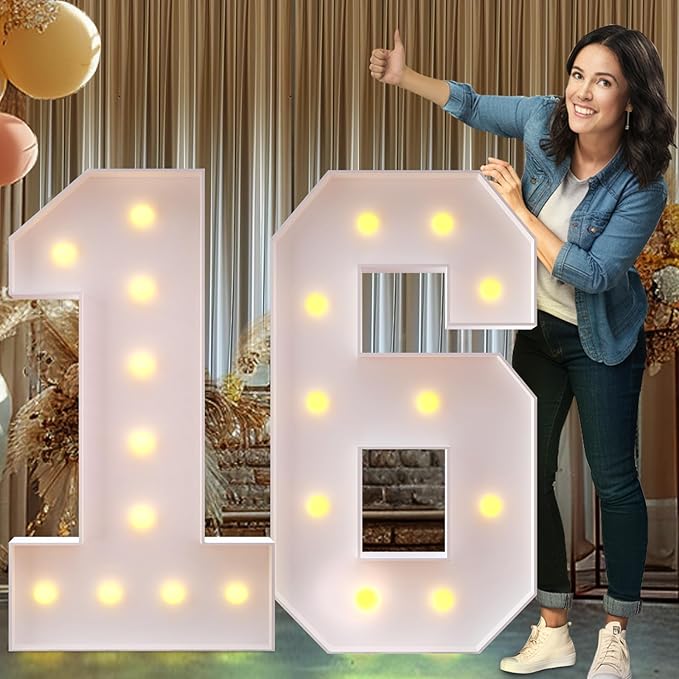 Rielmox Marquee Light Up Number 16, 4FT Large Birthday Decorations Party Decor White Anniversary Decoration w/Warm Lights for Boys Girls Kids Teens Adults - LeafyLoom