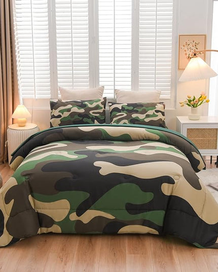 Meeting Story Camouflage Bedding Set, Colorful Pattern Style Comforter Set, 5 PCS One Comforter Two Pillowcases Two Sheets in One Bag, All Season Bedspread for Teens Adults (Green, Full 5Pcs) - LeafyLoom