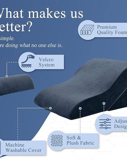 Axelrod Bed Wedge Pillow Set Foam | Adjustable Pillows for Back, Leg and Knee Pain Relief | Post Surgery Ortho Pillow – Anti Snoring, Heartburn, Acid Reflux & GERD- Indigo - LeafyLoom
