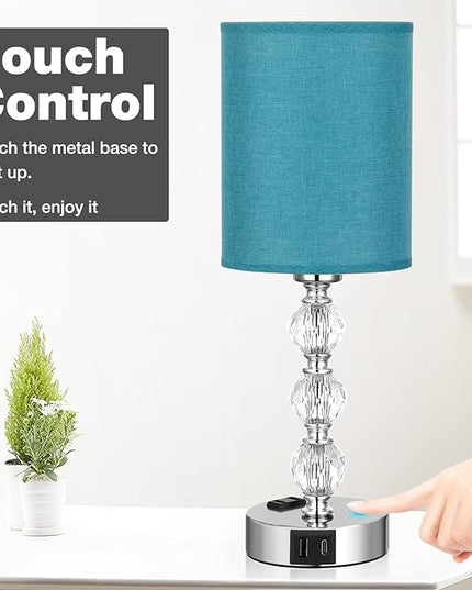 Green Touch Bedside Lamps for Bedrooms - Crystal Table Lamp with USB C+A Charging Port and AC Outlet Nightstand, 3 Way Dimmable Silver Small End Side Table Lamp for Living/Guest/Dinning Room/Kitchen - LeafyLoom