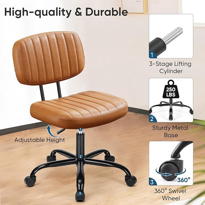 DUMOS Armless Home Office Chair Ergonomic Desk with Comfy Low Back Lumbar Support, Height Adjustable PU Leather Computer Task with 360° Swivel Wheels, for Small Space, Kids and Adults, Brown - LeafyLoom