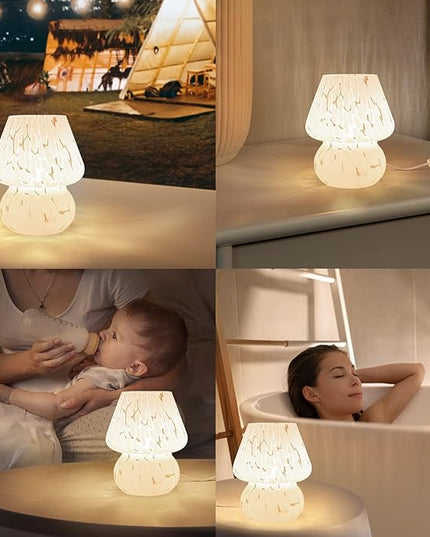 Cute Mushroom Lamp Small Bedside Table Lamp Set of 2 Stepless Dimmable, Translucent Glass White Nightstand Lamp for Bedroom Dorm Kids Room Living Kitchen, Murano Aesthetic Home Decor Gift - LeafyLoom