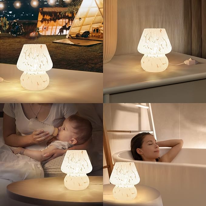 Cute Mushroom Lamp Small Bedside Table Lamp Set of 2 Stepless Dimmable, Translucent Glass White Nightstand Lamp for Bedroom Dorm Kids Room Living Kitchen, Murano Aesthetic Home Decor Gift - LeafyLoom