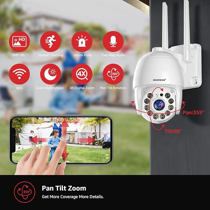 BOAVISION 5MP Security Camera Outdoor, Wireless WiFi IP Camera Home Security System 360° View,Motion Detection, auto Tracking,Two Way Talk,pan Tile Full Color Night Vision BOAVISION